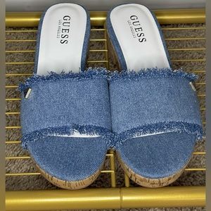 NWOB Guess “Carey” Denim Fray Wooden Heel Sandals
